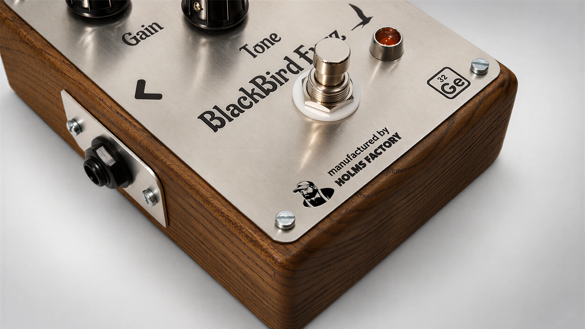 BlackBird Fuzz pedal, top corner detail