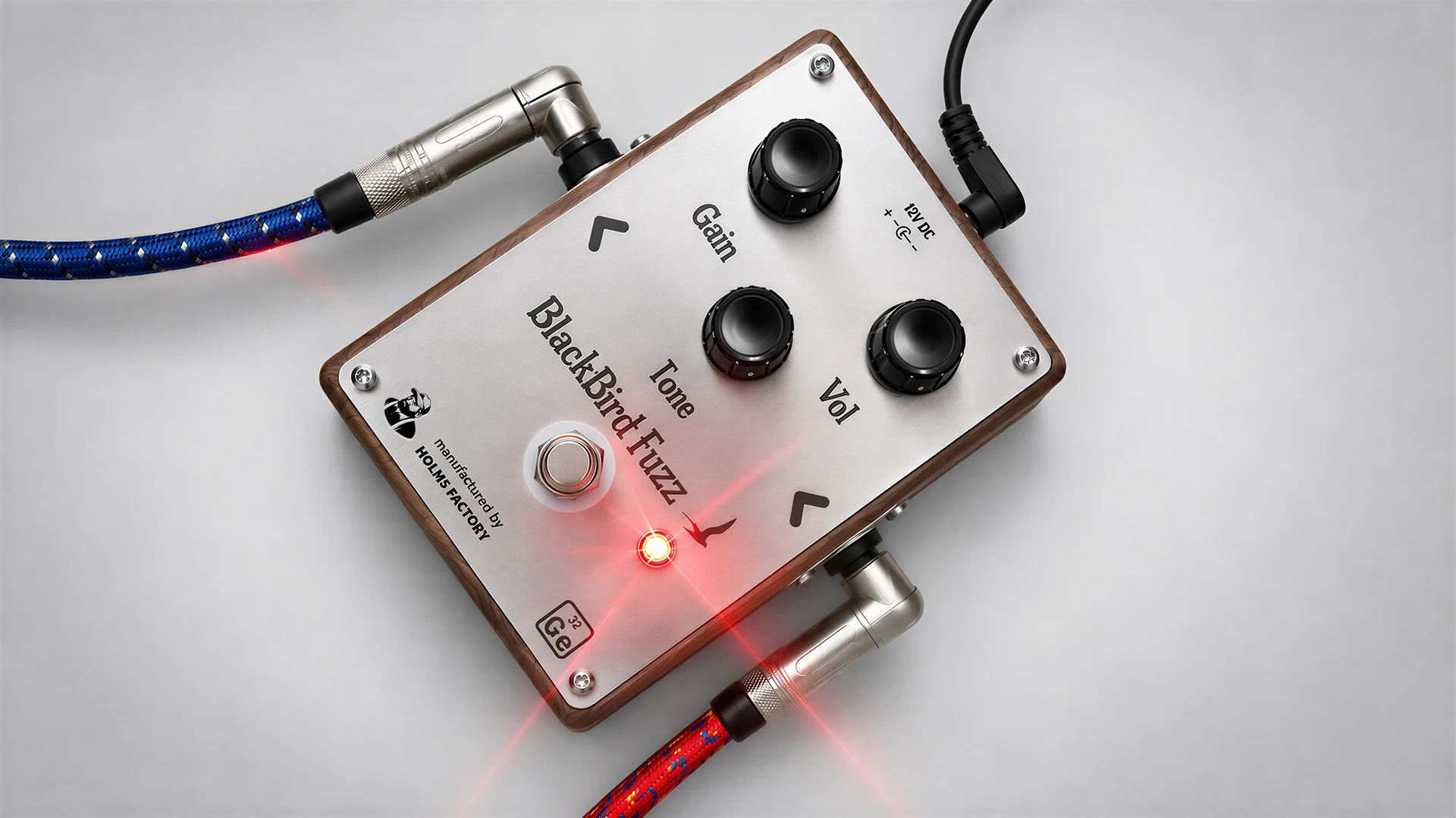BlackBird Fuzz pedal, plugged in with LED lit